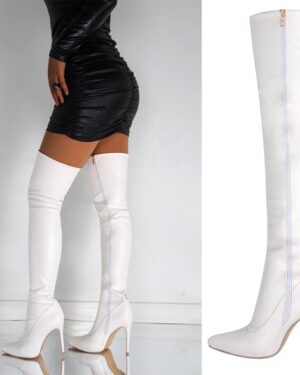White Pointed Toe Thigh High Heel Boots