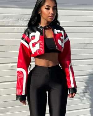 Red Faux Leather Varsity Crop Jacket